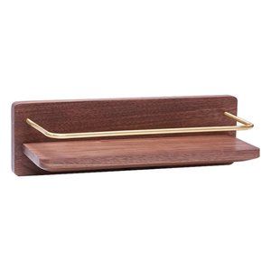 Floating Wall Shelves No Drill Shelf Stick Adhesive Wood w/ Brass Bar (Walnut)